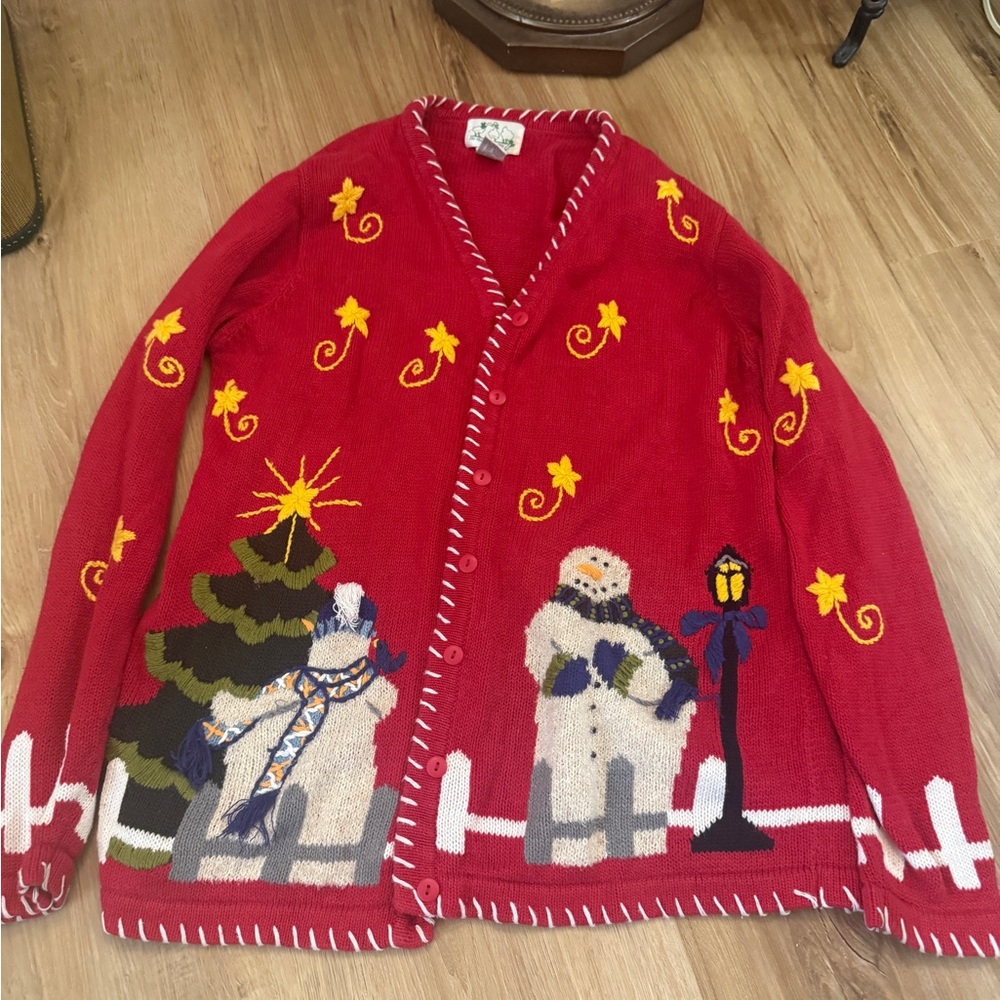 Vintage Christmas Sweater! Festive Red Cardigan with Snowman and Tree Design